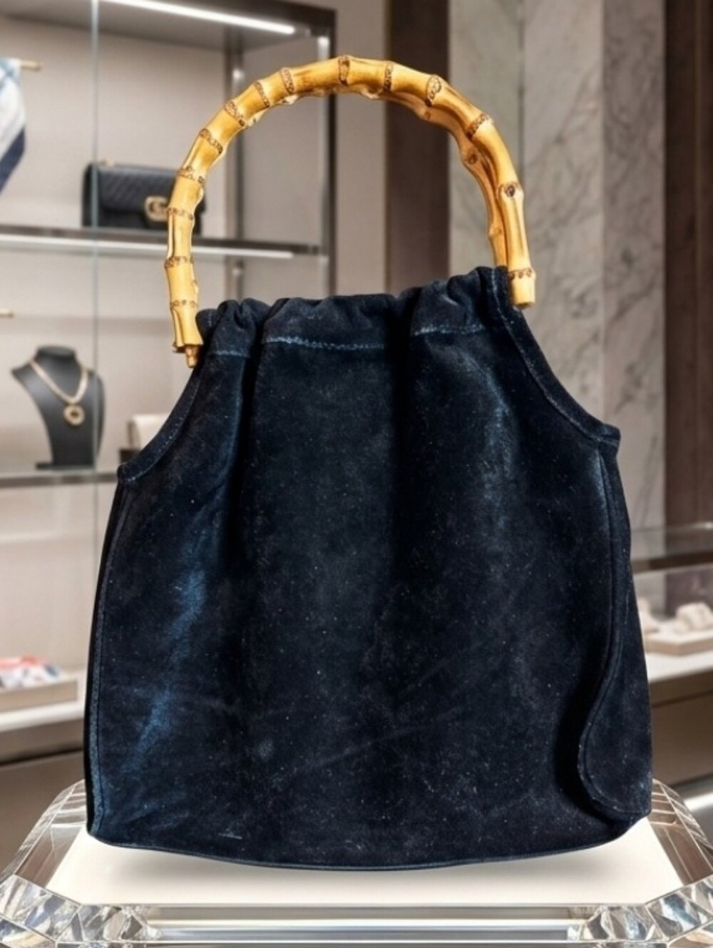 643. Vintage Talbots Black Suede Handbag with Bamboo Handle
